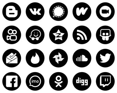 20 Fully Editable White Social Media Icons on Black Background such as rss. tencent. zoom. qzone and kuaishou icons. High-resolution and editable