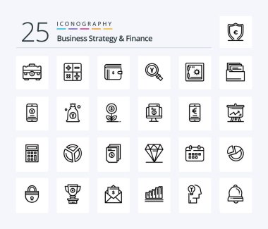 Business Strategy And Finance 25 Line icon pack including yen . payment. calculator . cash . money
