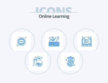 Online Learning Blue Icon Pack 5 Icon Design. laptop. online. badge. graduation. pass