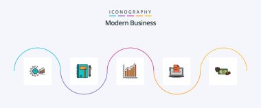 Modern Business Line Filled Flat 5 Icon Pack Including diagram. analytics. business. graph. pen