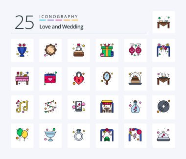 Wedding 25 Line Filled icon pack including earrings. surprise. diamond. present. box