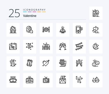 Valentine 25 Line icon pack including date. romantic. love. dinner. romantic chat