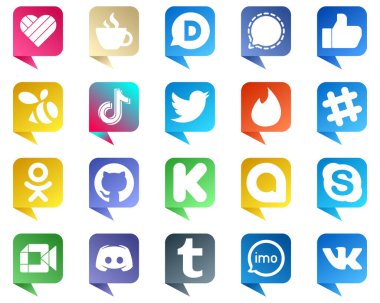 20 Modern Chat bubble style Social Media Icons such as tweet. like. china and douyin icons. Fully editable and versatile