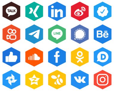 Hexagon Flat Color White Icon Pack behance. mesenger. twitter verified badge and signal 20 Customizable Icons