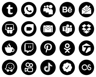 20 High-Resolution White Social Media Icons on Black Background such as pinterest. email. streaming and dropbox icons. Versatile and professional