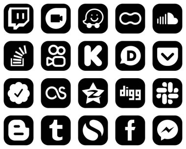 20 Minimalist White Social Media Icons on Black Background such as pocket. funding. music. kickstarter and overflow icons. Creative and high-resolution
