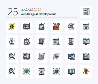 Web Design And Development 25 Line Filled icon pack including scan. settings. eye. toolbox. kit