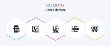 Design Thinking 25 FilledLine icon pack including art. file. paper. light bulb. online