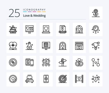 Love And Wedding 25 Line icon pack including letter. heart. web. passion. love