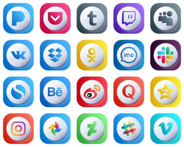 20 Cute Simple 3D Gradient Social Media Icons such as china. weibo. imo. behance and slack icons. Editable and High-Resolution