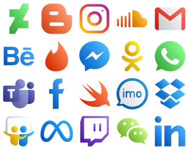 Gradient Icons of Top Social Media 20 pack such as odnoklassniki. facebook. music. messenger and behance icons. Versatile and professional