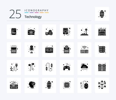 Technology 25 Solid Glyph icon pack including smart technology. game. beamer. control pad. mp player