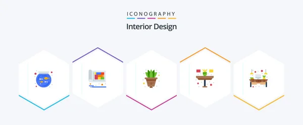 Interior Design Flat Icon Pack Including Desk Table Flower Household — Vector de stock