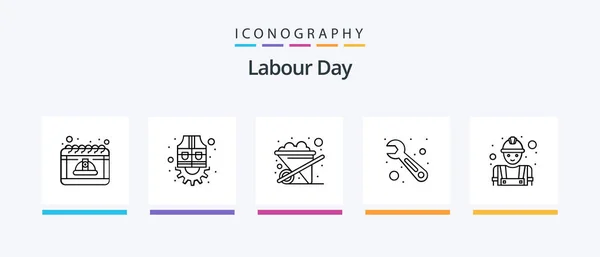 Labour Day Line Icon Pack Including Flag Celebration Engineer Gear — Stockvector