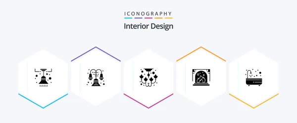 Interior Design Glyph Icon Pack Including Relax Bath Bulb Interior — Stockvektor