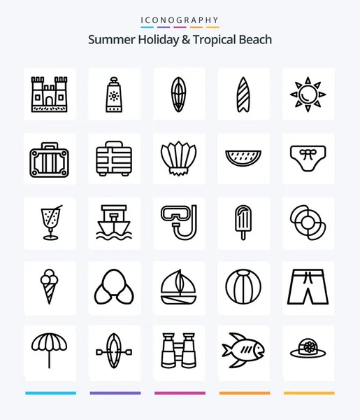 Creative Beach Outline Icon Pack Diving Transportation Surfboard Holiday Shinning — Stock Vector