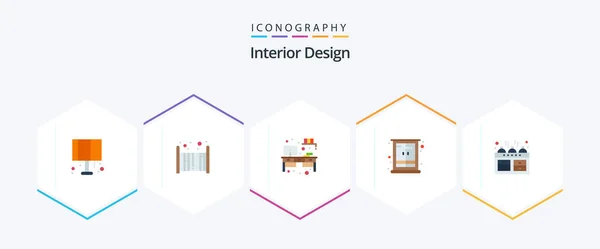 Interior Design Flat Icon Pack Including Cooker Wardrobe Work Place — Stock Vector