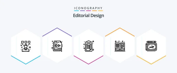 Editorial Design Line Icon Pack Including Graphic Textbook Checklist Schoolbook — Stok Vektör