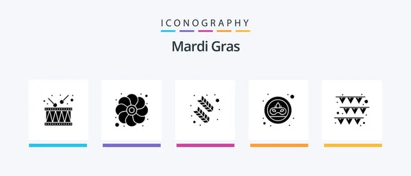 Mardi Gras Glyph Icon Pack Including Garland Mask Feather Doubloon — Vetor de Stock