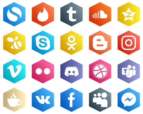 Minimalistic White Icons Instagram Blog Odnoklassniki Icons Hexagon Flat Color — Wektor stockowy