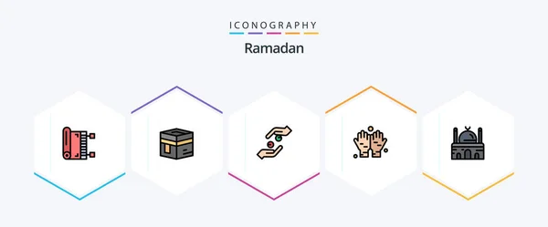 Ramadan Filledline Icon Pack Including Praying Dua Mecca Shahada Hands — Stock Vector
