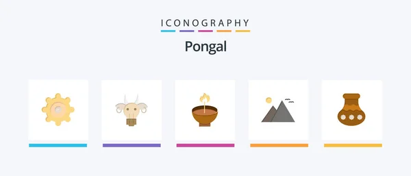 Pongal Flat Icon Pack Including Pyramid Giza Deepam Egypt Lamp — Stockvector
