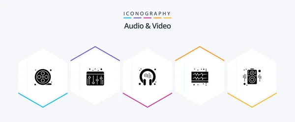 Audio Video Glyph Icon Pack Including Speaker Audio Headphone Wave — 图库矢量图片