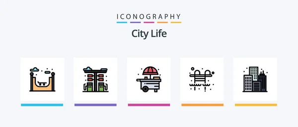 City Life Line Filled Icon Pack Including Park Life City — стоковый вектор