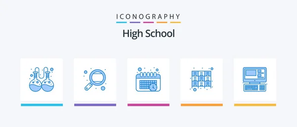 High School Blue Icon Pack Including Monitor Rack Calendar Files — Stock Vector