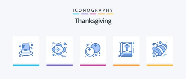 Thanksgiving Blue Icon Pack Including Horn Autumn Cranberry Thanksgiving Book — Vector de stock