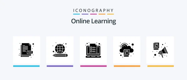 Online Learning Glyph Icon Pack Including Audio Book Library Course — Stock vektor
