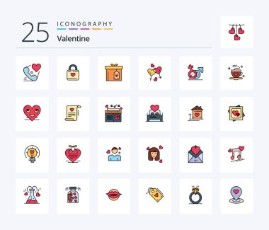 Valentine 25 Line Filled icon pack including love. man. heart hacker. heart. surprize