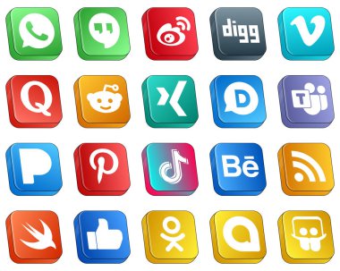 Isometric 3D Icons of Top Social Media 20 pack such as pinterest. video. microsoft team and xing icons. Clean and professional