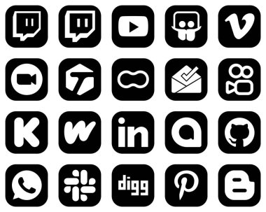 20 Professional White Social Media Icons on Black Background such as funding. kuaishou. meeting. inbox and mothers icons. High-resolution and fully customizable