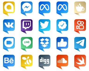 20 Unique Chat bubble style Social Media Icons such as dropbox. google duo. kuaishou and tweet icons. Eye catching and high definition