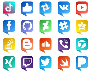 20 Chat bubble style Icons for Top Social Media Platforms such as qzone. deviantart. vk. github and fb icons. Minimalist and professional