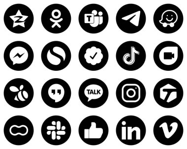 20 Premium White Social Media Icons on Black Background such as video. tiktok. twitter verified badge and fb icons. Creative and professional