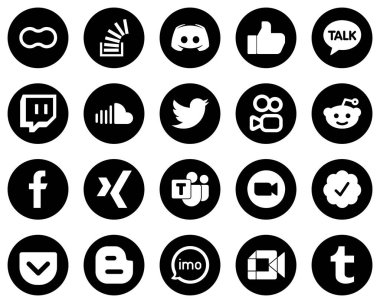 20 Professional White Social Media Icons on Black Background such as music. soundcloud. message. twitch and facebook icons. Eye-catching and high-quality