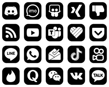 20 Modern White Social Media Icons on Black Background such as video. slideshare. youtube and rss icons. High-quality and modern