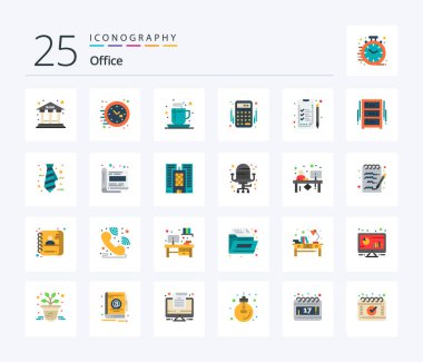 Office 25 Flat Color icon pack including business. money. coffee. banking. accounting