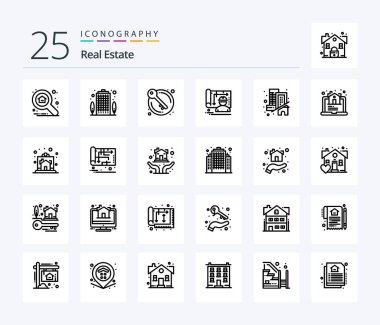 Real Estate 25 Line icon pack including estate. engineer. door. design. architecture