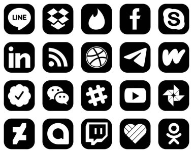 20 Stylish White Social Media Icons on Black Background such as literature. linkedin. messenger and dribbble icons. High-definition and versatile