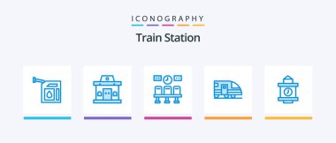 Train Station Blue 5 Icon Pack Including time. transportation. seats. train. station. Creative Icons Design