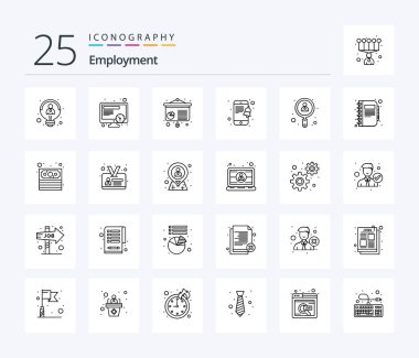 Employment 25 Line icon pack including book. user. conference. search. smartphone