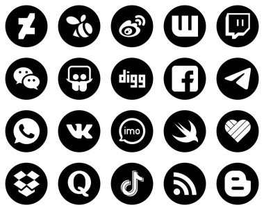 20 Stylish White Social Media Icons on Black Background such as telegram. wechat and facebook icons. High-definition and versatile
