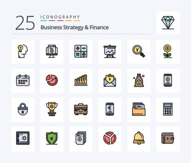 Business Strategy And Finance 25 Line Filled icon pack including yen. graph. ecommerce. display. math