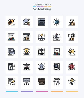 Creative Seo Marketing 25 Line FIlled icon pack  Such As world. connect. offer. www. contact