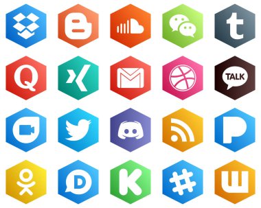 25 Clean White Icons such as google duo. dribbble. tumblr. mail and gmail icons. Hexagon Flat Color Backgrounds