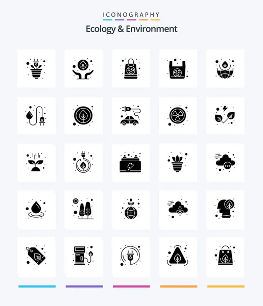 クリエイティブエコロジーと環境25グリフソリッドブラックアイコンパックグリーンなど リサイクルバッグ 有機物 — ストックベクタ