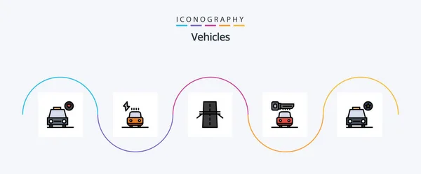Vehicles Line Filled Flat Icon Pack Including Star Car Construction — Stockvektor